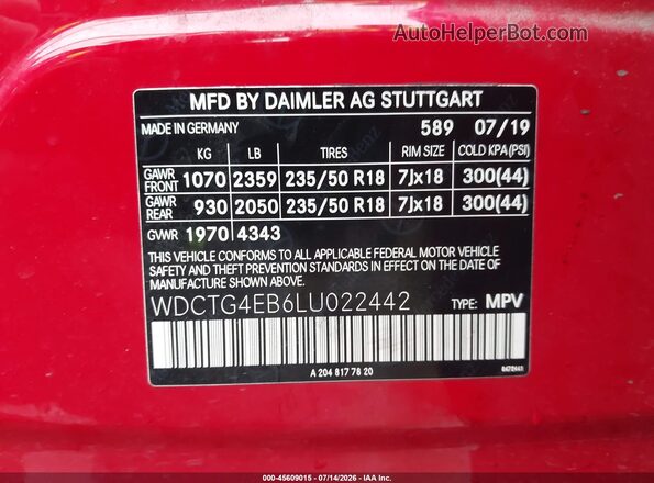 WDCTG4EB6LU022442 2020 MERCEDES-BENZ GLA 250 Red ძრავის განყოფილების ხედი