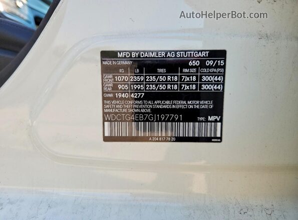 WDCTG4EB7GJ197791 2016 MERCEDES-BENZ GLA White VIN կոդի պիտակի տեսք