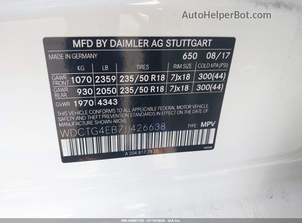WDCTG4EB7JJ426638 2018 MERCEDES-BENZ GLA 250 White Vista del compartimento del motor