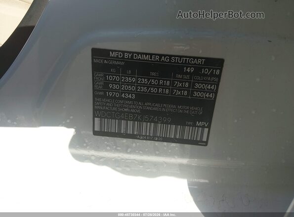 WDCTG4EB7KJ574399 2019 MERCEDES-BENZ GLA 250 White Widok komory silnika