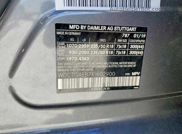 WDCTG4EB7KJ602900 2019 MERCEDES-BENZ GLA Gray Вид підкапотного простору