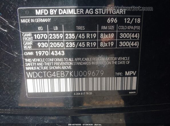 WDCTG4EB7KU009679 2019 MERCEDES-BENZ GLA 250 Black Вид підкапотного простору