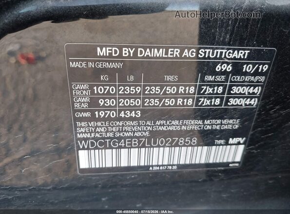 WDCTG4EB7LU027858 2020 MERCEDES-BENZ GLA 250 Black Engine compartment view