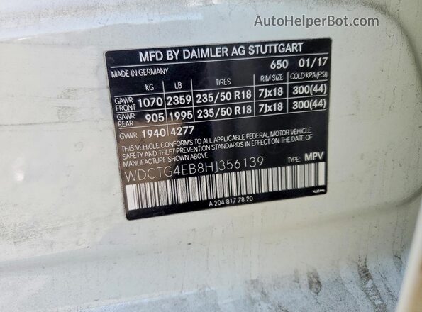 WDCTG4EB8HJ356139 2017 MERCEDES-BENZ GLA White VIN կոդի պիտակի տեսք