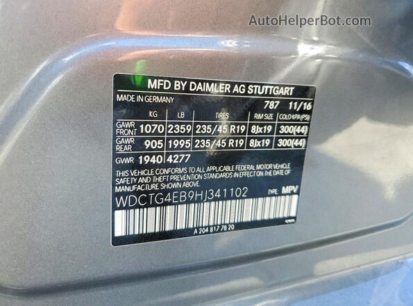 WDCTG4EB9HJ341102 2017 MERCEDES-BENZ GLA Gray VIN კოდის სტიკერის ხედი