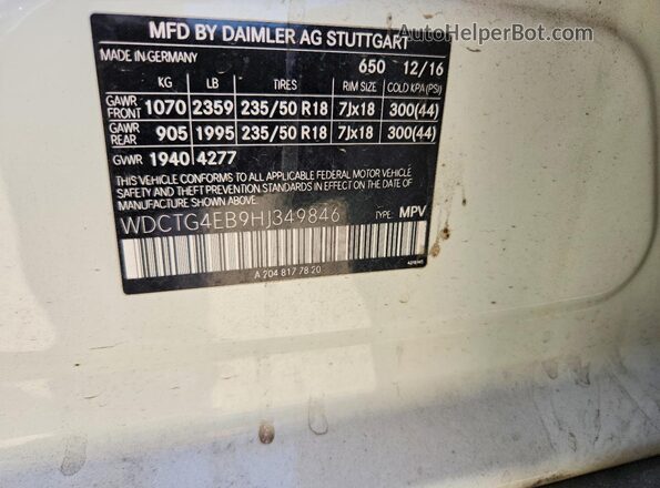 WDCTG4EB9HJ349846 2017 MERCEDES-BENZ GLA White VIN sticker view