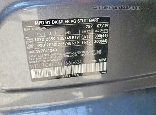 WDCTG4EB9LJ665630 2020 MERCEDES-BENZ GLA Gray Вид наклейки з VIN-кодом