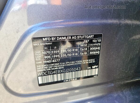 WDCTG4EBXGJ205043 2016 MERCEDES-BENZ GLA Gray Вид наклейки з VIN-кодом