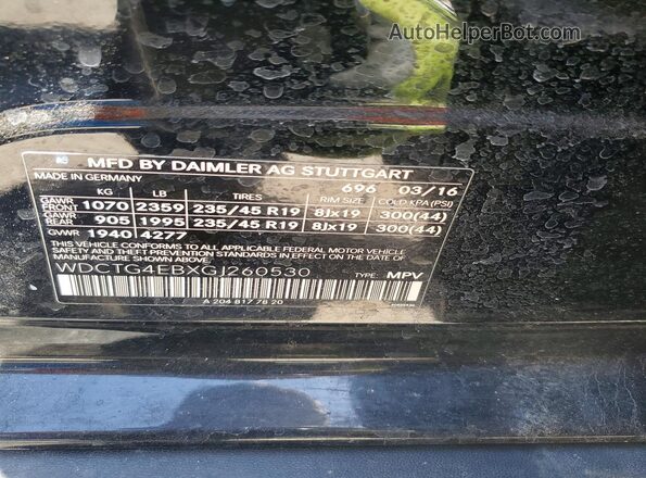 WDCTG4EBXGJ260530 2016 MERCEDES-BENZ GLA Black Widok naklejki z numerem VIN