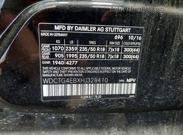 WDCTG4EBXHJ328410 2017 MERCEDES-BENZ GLA Black Widok naklejki z numerem VIN