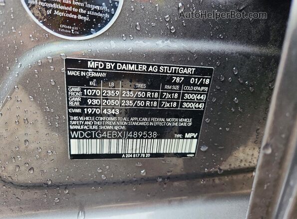 WDCTG4EBXJJ489538 2018 MERCEDES-BENZ GLA Gray Widok naklejki z numerem VIN