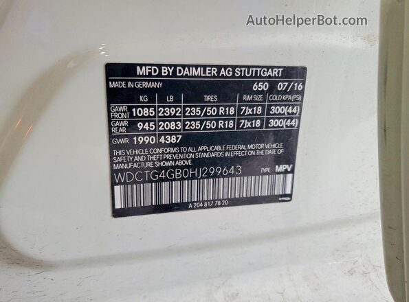 WDCTG4GB0HJ299643 2017 MERCEDES-BENZ GLA White Vista de la etiqueta del VIN