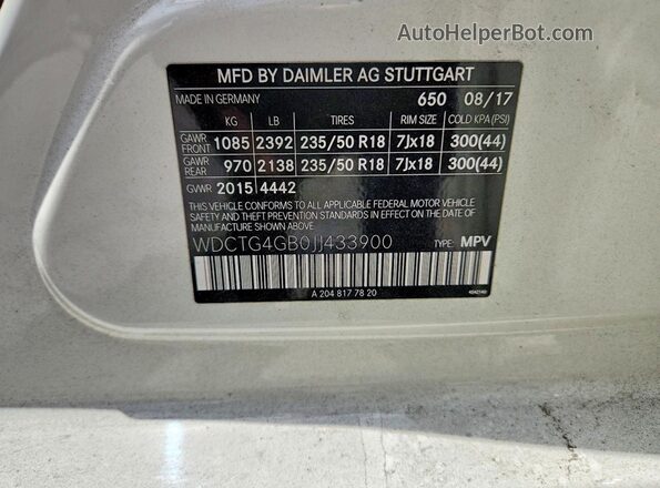 WDCTG4GB0JJ433900 2018 MERCEDES-BENZ GLA White VIN sticker view