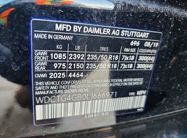 WDCTG4GB0LJ666971 2020 MERCEDES-BENZ GLA Черный Вид наклейки с VIN-кодом