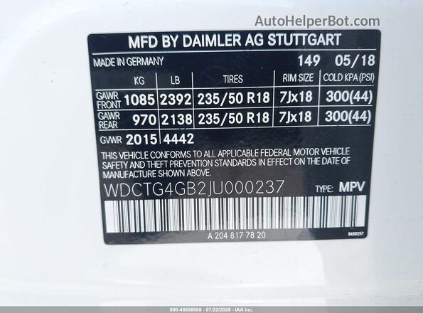 WDCTG4GB2JU000237 2018 MERCEDES-BENZ GLA 250 Белый Вид подкапотного пространства