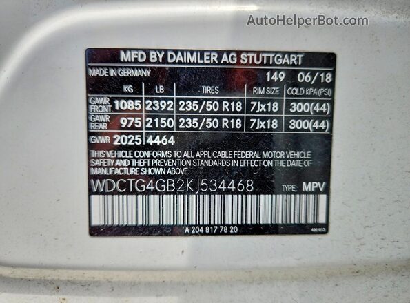 WDCTG4GB2KJ534468 2019 MERCEDES-BENZ GLA White Engine compartment view