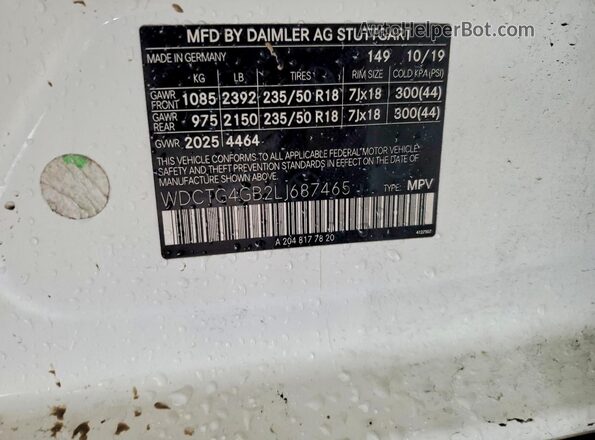 WDCTG4GB2LJ687465 2020 MERCEDES-BENZ GLA White VIN sticker view