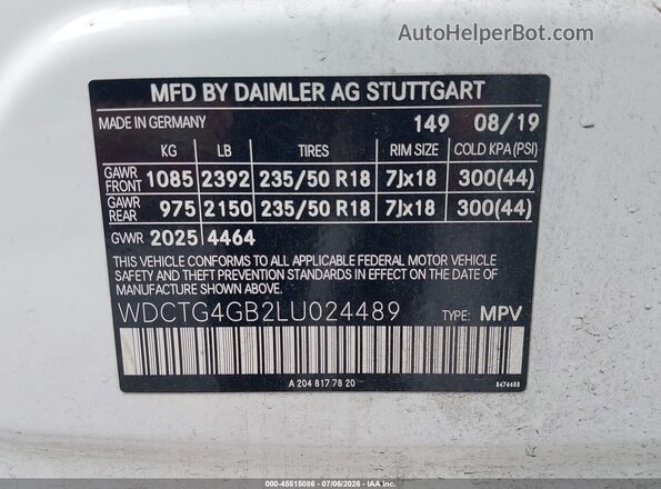 WDCTG4GB2LU024489 2020 MERCEDES-BENZ GLA 250 White Vista del compartimento del motor