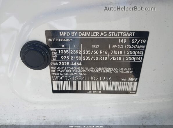 WDCTG4GB4LU021996 2020 MERCEDES-BENZ GLA 250 White Vista del compartimento del motor