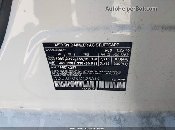 WDCTG4GB5GJ253191 2016 MERCEDES-BENZ GLA 250 White Vista del compartimento del motor
