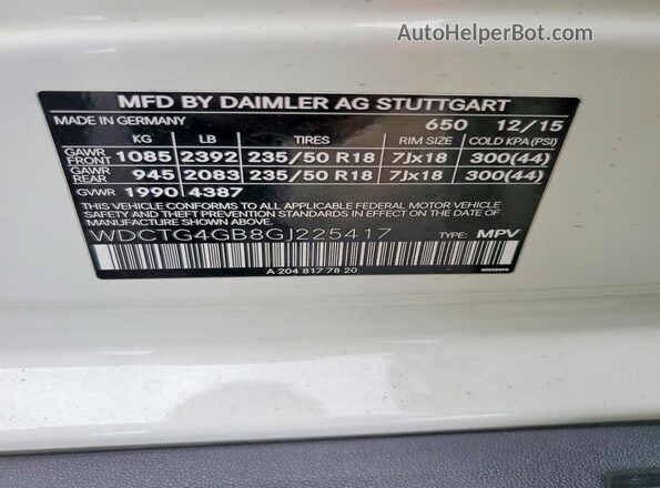 WDCTG4GB8GJ225417 2016 MERCEDES-BENZ GLA Белый Вид наклейки с VIN-кодом