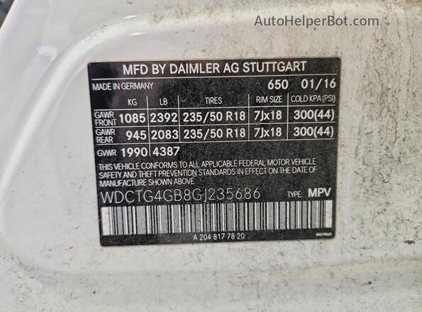 WDCTG4GB8GJ235686 2016 MERCEDES-BENZ GLA White Սալոնի 360 աստիճան տեսք