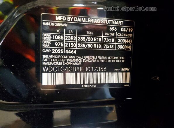 WDCTG4GB8KU017366 2019 MERCEDES-BENZ GLA Black Вид наклейки з VIN-кодом