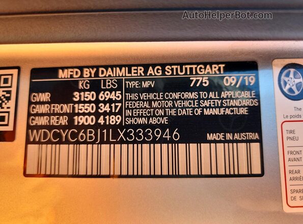 WDCYC6BJ1LX333946 2020 MERCEDES-BENZ G-CLASS Two Tone Widok naklejki z numerem VIN
