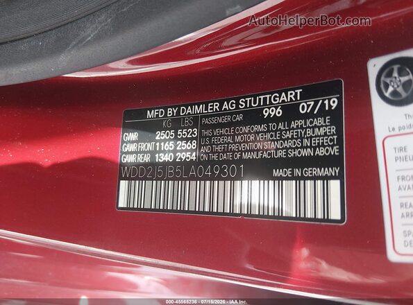 WDD2J5JB5LA049301 2020 MERCEDES-BENZ CLS-CLASS Red Вид підкапотного простору