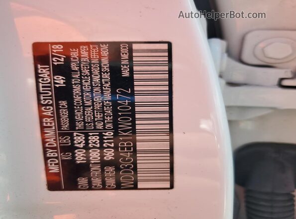 WDD3G4EB1KW010472 2019 MERCEDES-BENZ A White VIN կոդի պիտակի տեսք