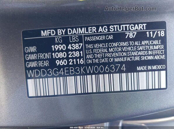 WDD3G4EB3KW006374 2019 MERCEDES-BENZ A 220 Gray Շարժիչի բաժամունքի տեսք