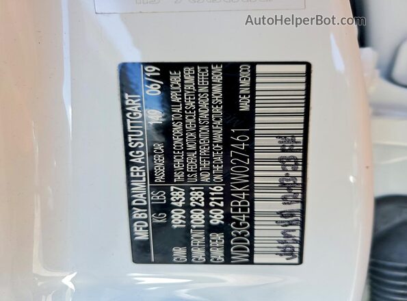 WDD3G4EB4KW027461 2019 MERCEDES-BENZ A White VIN sticker view
