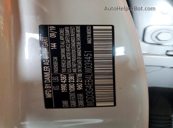 WDD3G4EB4LW039451 2020 MERCEDES-BENZ A White VIN კოდის სტიკერის ხედი