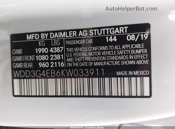 WDD3G4EB6KW033911 2019 MERCEDES-BENZ A 220 Белый Вид подкапотного пространства