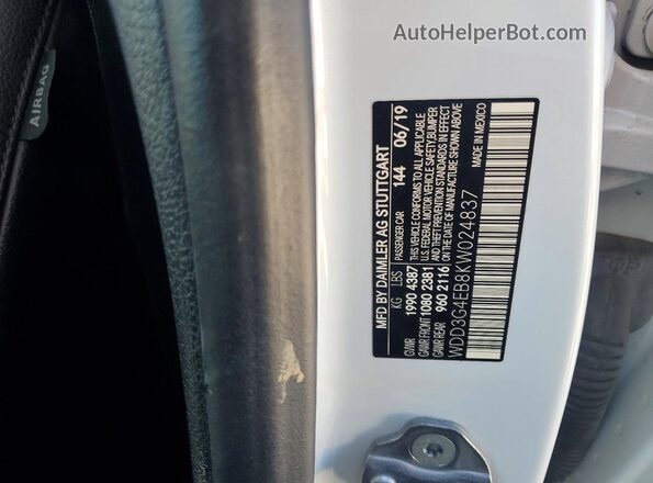 WDD3G4EB8KW024837 2019 MERCEDES-BENZ A White Widok naklejki z numerem VIN