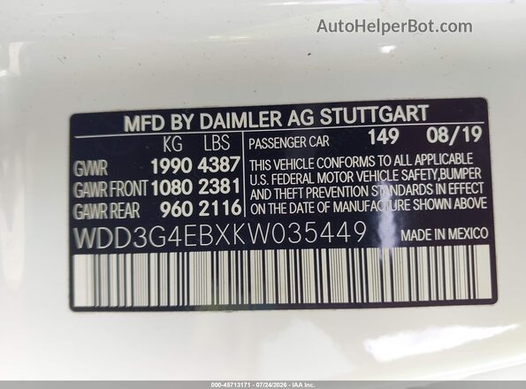 WDD3G4EBXKW035449 2019 MERCEDES-BENZ A 220 White Vista del compartimento del motor