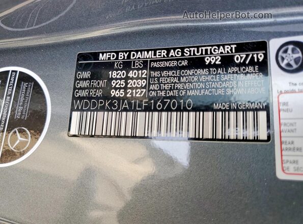 WDDPK3JA1LF167010 2020 MERCEDES-BENZ SLC Gray VIN sticker view