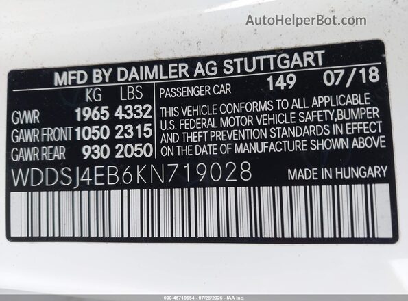 WDDSJ4EB6KN719028 2019 MERCEDES-BENZ CLA 250 White Вид підкапотного простору