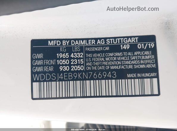 WDDSJ4EB9KN766943 2019 MERCEDES-BENZ CLA 250 White Вид підкапотного простору