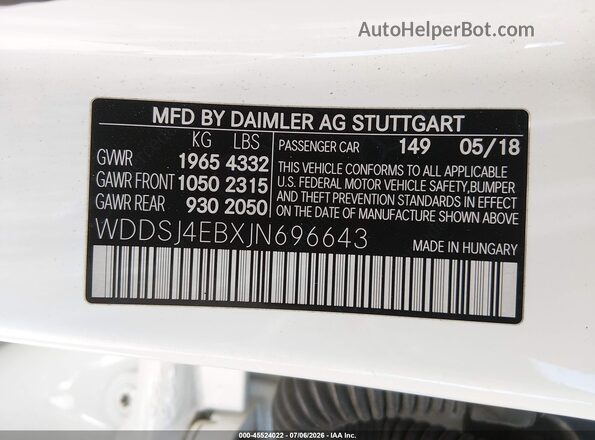 WDDSJ4EBXJN696643 2018 MERCEDES-BENZ CLA 250 White Շարժիչի բաժամունքի տեսք