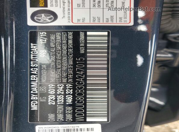 WDDUG8CB3GA247015 2016 MERCEDES-BENZ S Charcoal Vista de la etiqueta del VIN