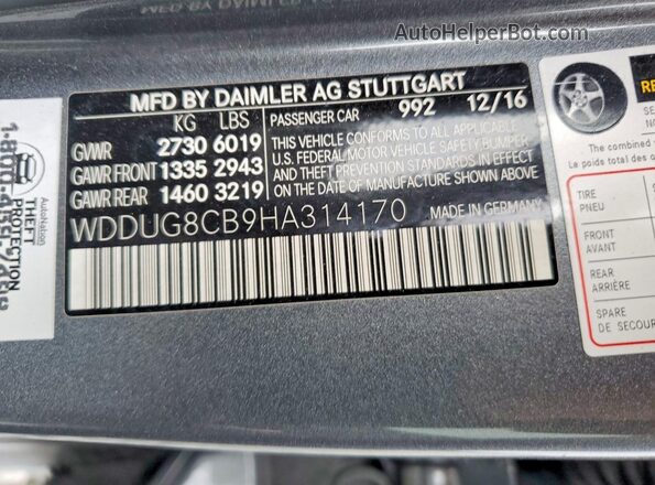 WDDUG8CB9HA314170 2017 MERCEDES-BENZ S Silver Vista de la etiqueta del VIN