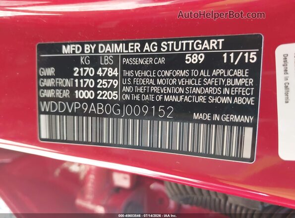 WDDVP9AB0GJ009152 2016 MERCEDES-BENZ B 250E Red Engine compartment view