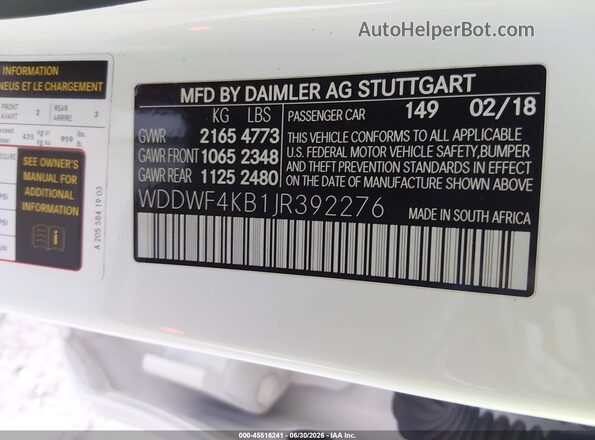 WDDWF4KB1JR392276 2018 MERCEDES-BENZ C-CLASS White Вид підкапотного простору