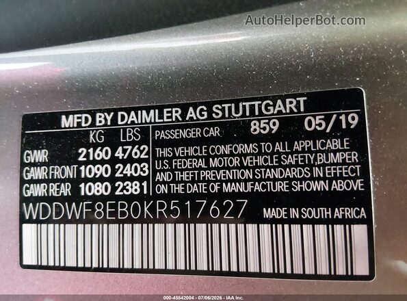 WDDWF8EB0KR517627 2019 MERCEDES-BENZ C-CLASS Серебряный Вид подкапотного пространства