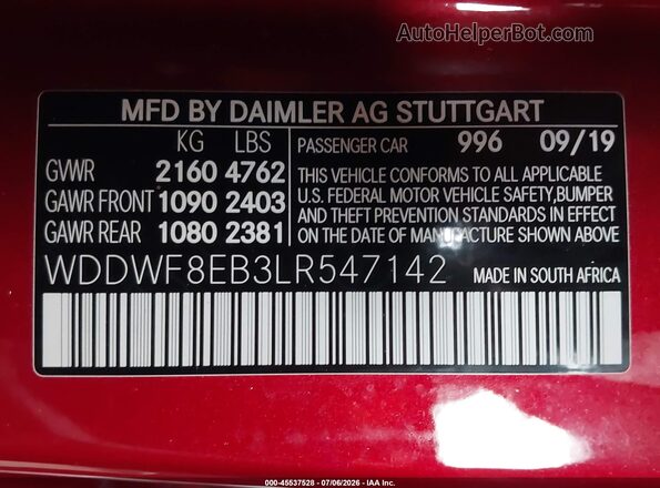 WDDWF8EB3LR547142 2020 MERCEDES-BENZ C-CLASS Red Engine compartment view