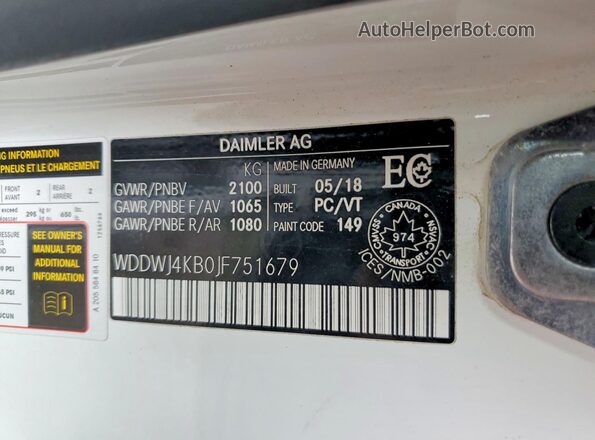 WDDWJ4KB0JF751679 2018 MERCEDES-BENZ C White Вид наклейки з VIN-кодом
