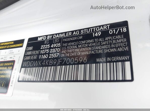 WDDWK4KB9JF700596 2018 MERCEDES-BENZ C-CLASS White ძრავის განყოფილების ხედი