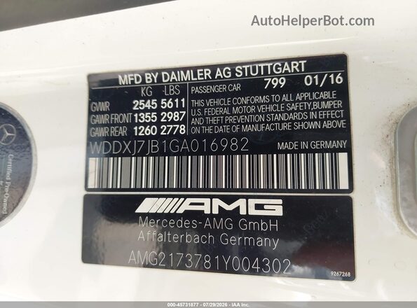 WDDXJ7JB1GA016982 2016 MERCEDES-BENZ AMG S 63 White Вид підкапотного простору