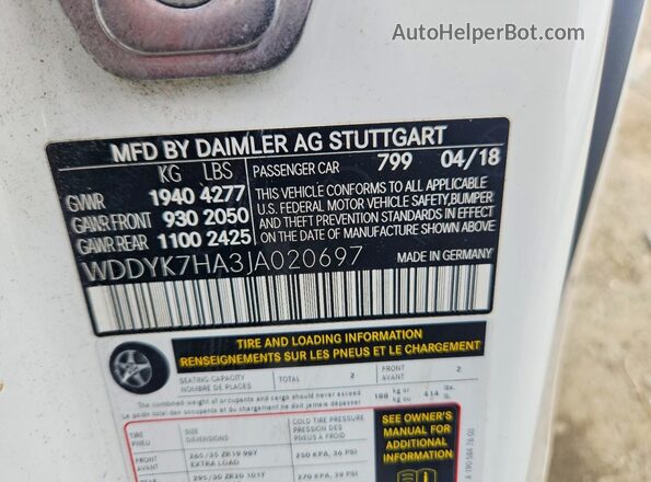 WDDYK7HA3JA020697 2018 MERCEDES-BENZ AMG White Вид підкапотного простору